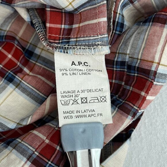 A.P.C. Off-Shoulder Plaid Midi Sheath Dress Bow Tie Details Linen Blend Womens M - Picture 7 of 11